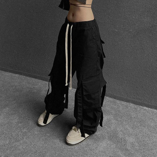 Combhasaki Women Y2K Gothic Vintage Cargo Pants Solid Color Loose Fit Streetwear Drawstring Elastic Waistband Baggy Trousers