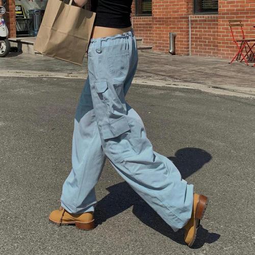 Combhasaki Womens Y2K pantaloni Casual Cargo larghi moda tinta unita con coulisse Tie-up pantaloni lunghi a vita bassa con tasche