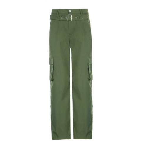 Combhasaki pantaloni Vintage Cargo Casual dritti da donna moda tasche tinta unita cuciture pantaloni Y2K a vita alta con cintura