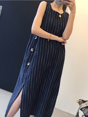 Women's Fashion Side Button Stripe Sleeveless Crew Neck Tank  Maxi Dress