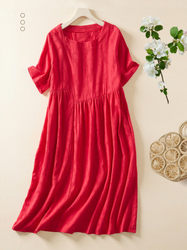 Women's Cotton Linen Short Sleeve Solid Color Casual Fashion Dress
