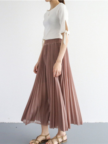 Elastic Waist Solid Color Pleated High Waist Drape Chiffon Pleated Skirts