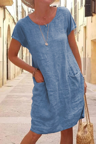Women's Loose Solid Color Cotton Linen Pocket O-Neck Casual Dress