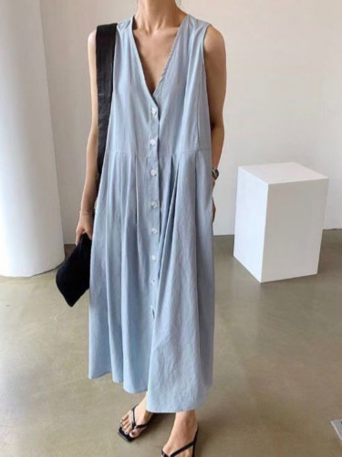 Women's Vintage V-neck Sleeveless Vest Temperament Maxi Dress