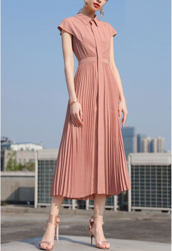 Fashion Casual Shirt Pleated Sexy Solid Color Elegant  Maxi Dress
