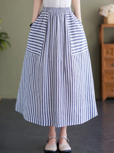 Ladies Cotton Linen Retro Stripe Loose Casual Skirt With Pockets