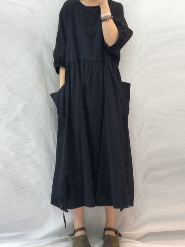 Fashion Casual Loose Pocket Drawstring Pleated Casual Elegant Maxi Dress