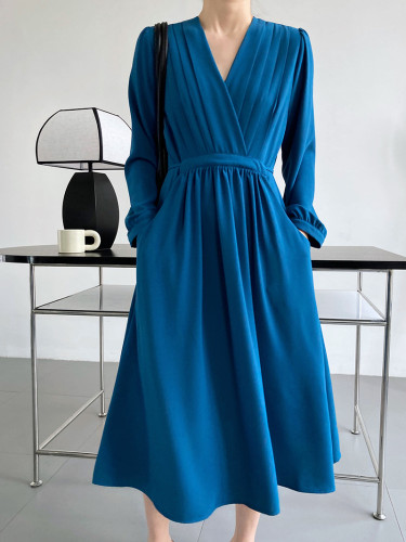Fashion Solid Color French Long Sleeve Pleated V Neck  Maxi Dress
