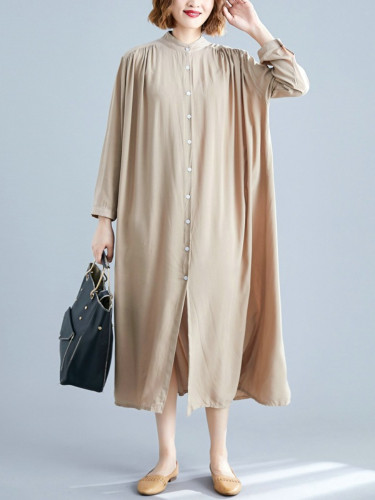 Women's Fashion Single Breasted Loose Oversized Long Sleeve Shirt Cotton Linen Dress