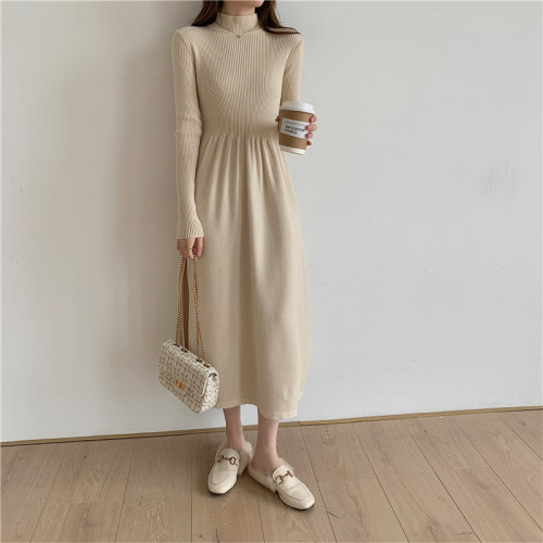 Elegant Solid Color Fashion Half Turtleneck Long Sleeve Knitted Sweater Dress