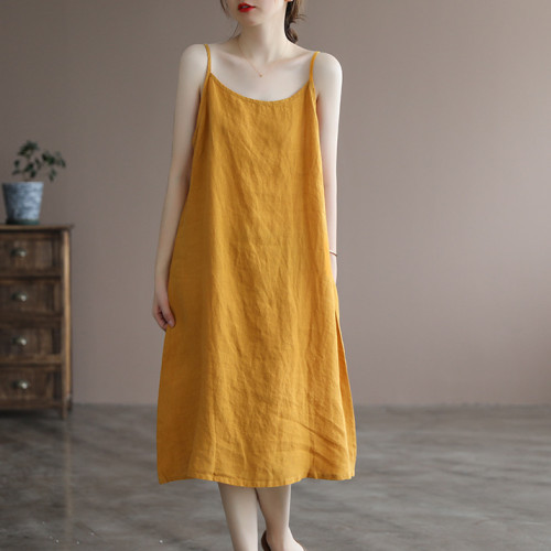 Fashion Linen Solid Color Suspender Loose Simple Dress