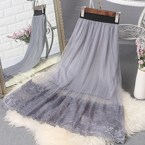 Lace Mesh High Waist Tulle A-Line  Fluffy Pleated Skirt
