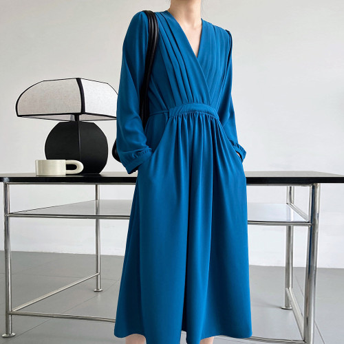 Fashion Solid Color French Long Sleeve Pleated V Neck  Maxi Dress