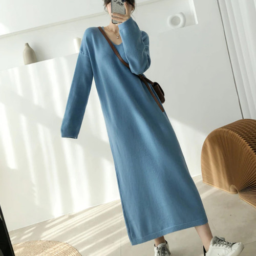 Women's Fashion Knit Pullover V-Neck Loose Straight Sweater Dress