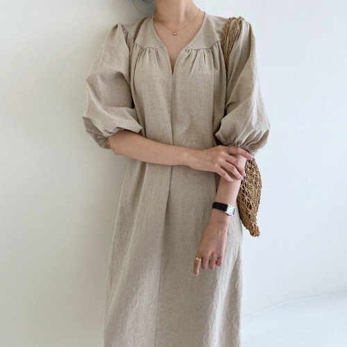 Fashion Short Sleeve Loose Solid Color Casual Cotton Linen Elegant Dress