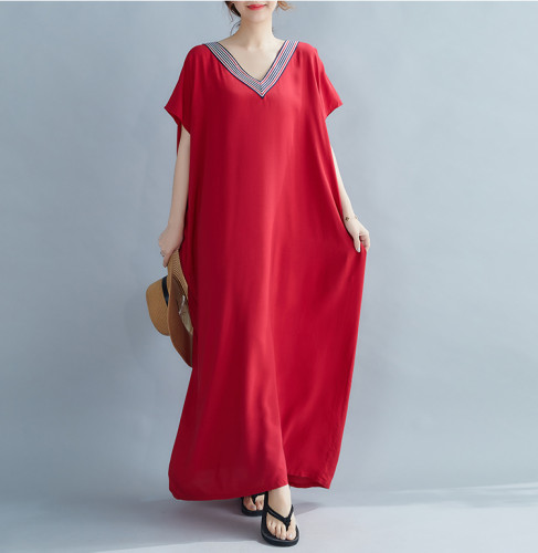 Women's Elegant Loose V Neck Solid Color Beach Dress