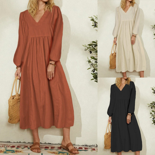 Women's Solid Color Fashion V Neck Cotton Linen Loose Casual  Maxi Dress