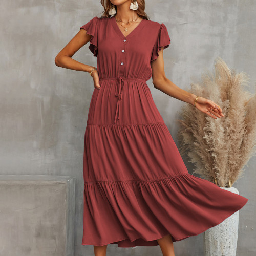 Fashion Ladies Ruffle Sleeves Simple Solid Color V-Neck Swing  Maxi Dress