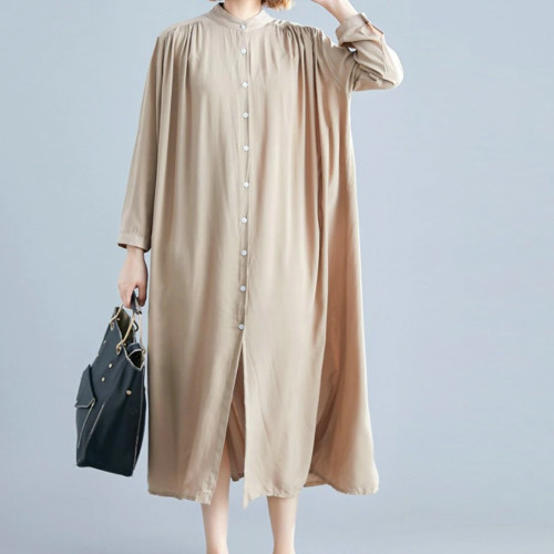 Women's Fashion Single Breasted Loose Oversized Long Sleeve Shirt Cotton Linen Dress