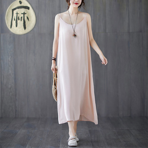 Fashion Ladies Sling Literary Cotton Linen Loose Solid Color Dress