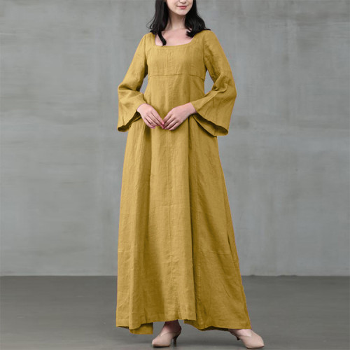 Fashionable Cotton Round Neck Large Swing Solid Color Loose Maxi Dress