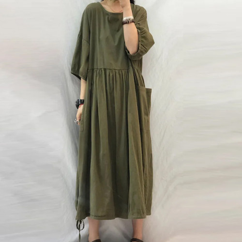 Fashion Casual Loose Pocket Drawstring Pleated Casual Elegant Maxi Dress