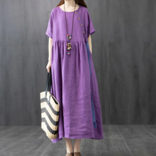 Women's Loose Lace Solid Color Slim Cotton Linen Casual Dress