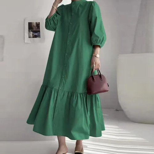 Solid Color Elegant Fashion Single Breasted Loose Casual Vintage  Maxi Dress
