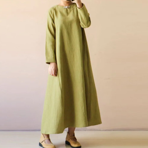 Retro Imitation Cotton Linen Women's Casual Loose V Neck Dress