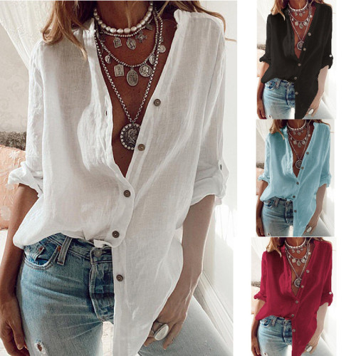 Cotton Linen Fashion Button Women Casual Loose Top Solid Color Blouses&Shirts