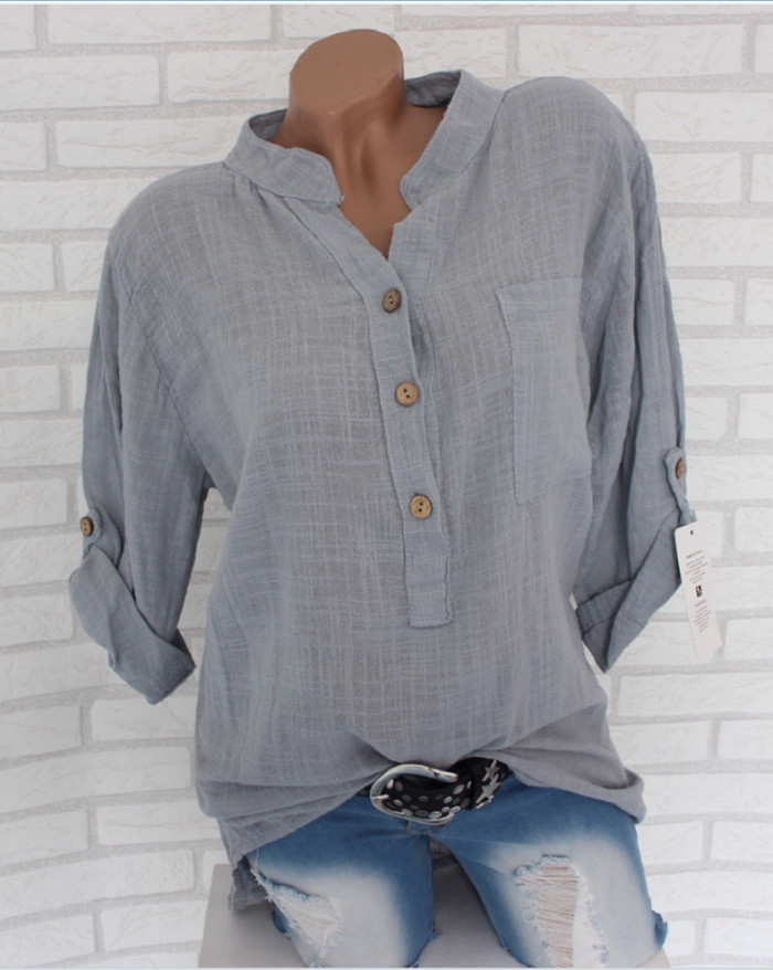 Women's Cotton Linen Casual Long Sleeve V Neck Loose Shirt