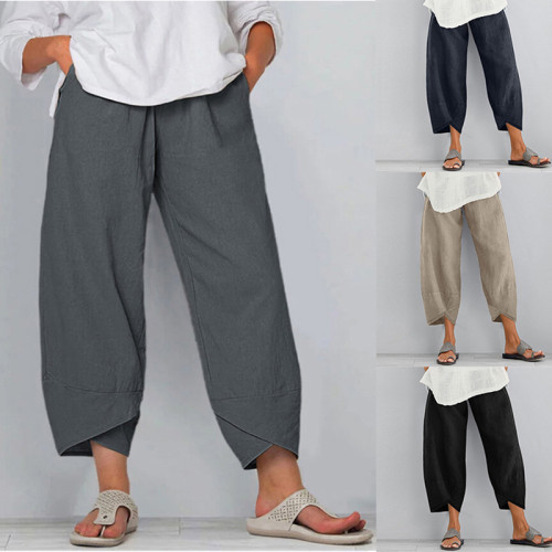 Vintage Harem Pants Casual Elastic Waist Cotton Linen Wide Leg Loose Pants