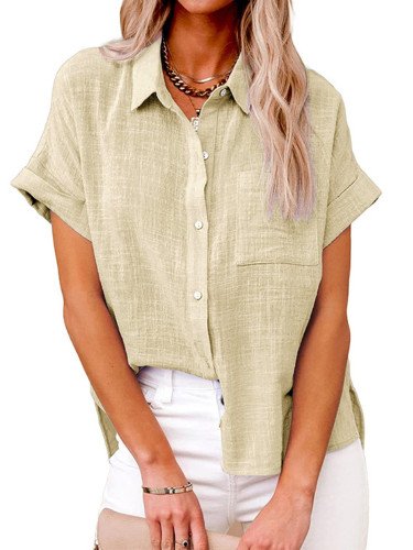 Fashion Solid Color Pocket Lapel Cotton Linen Short Sleeve Casual Loose Blouses&Shirts
