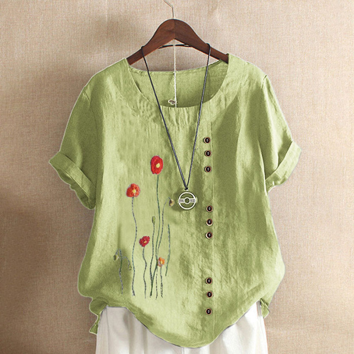 Top Vintage Floral Print Short Sleeve Casual Loose Cotton Linen Shirt