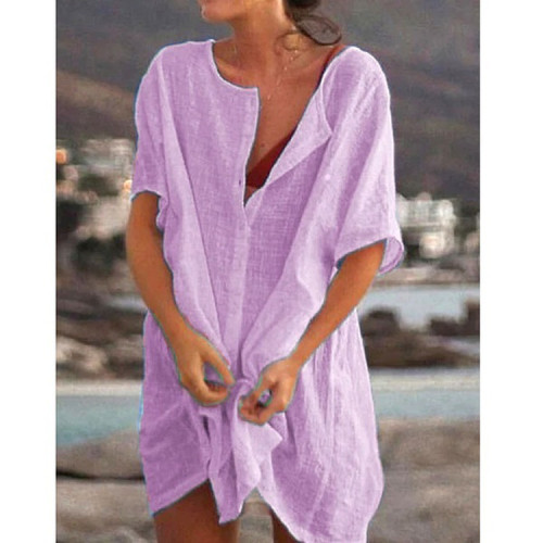 Cotton Linen Solid Color Short Sleeve Long Casual Loose Blouse