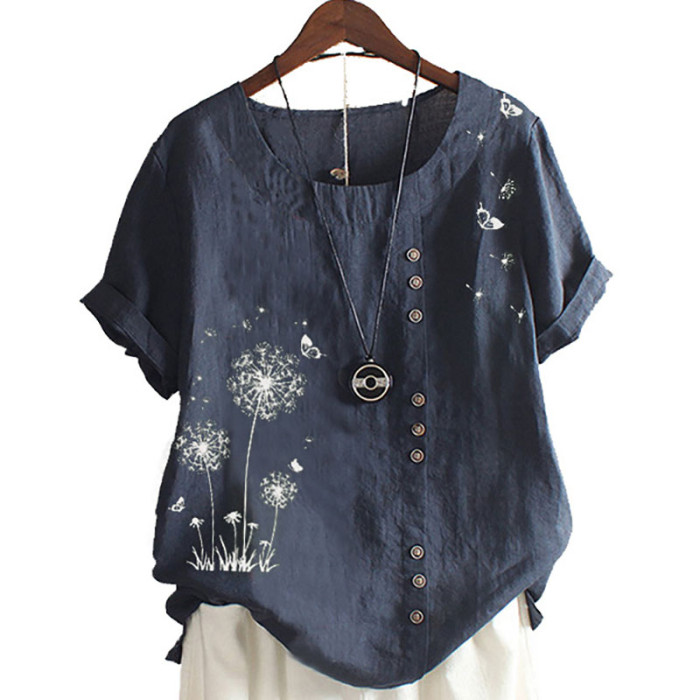 Top Vintage Floral Print Short Sleeve Casual Loose Cotton Linen Shirt