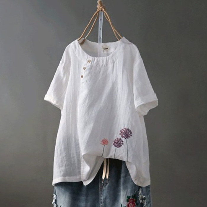 Fashion Button Embroidered Top Vintage O Neck Casual Loose Cotton Linen Shirt