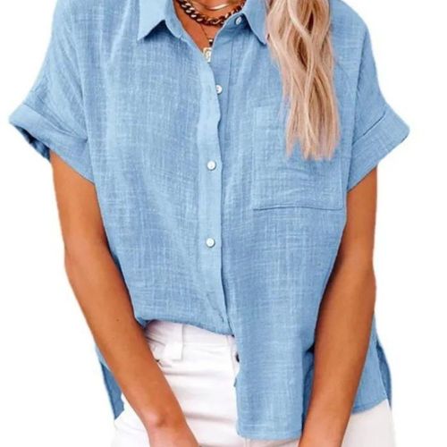 Fashion Solid Color Pocket Lapel Cotton Linen Short Sleeve Casual Loose Blouses&Shirts
