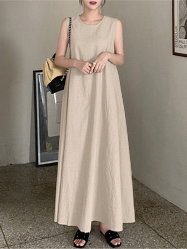 Women Casual Sleeveless Elegant Linen Cotton Solid Color O-neck Dress