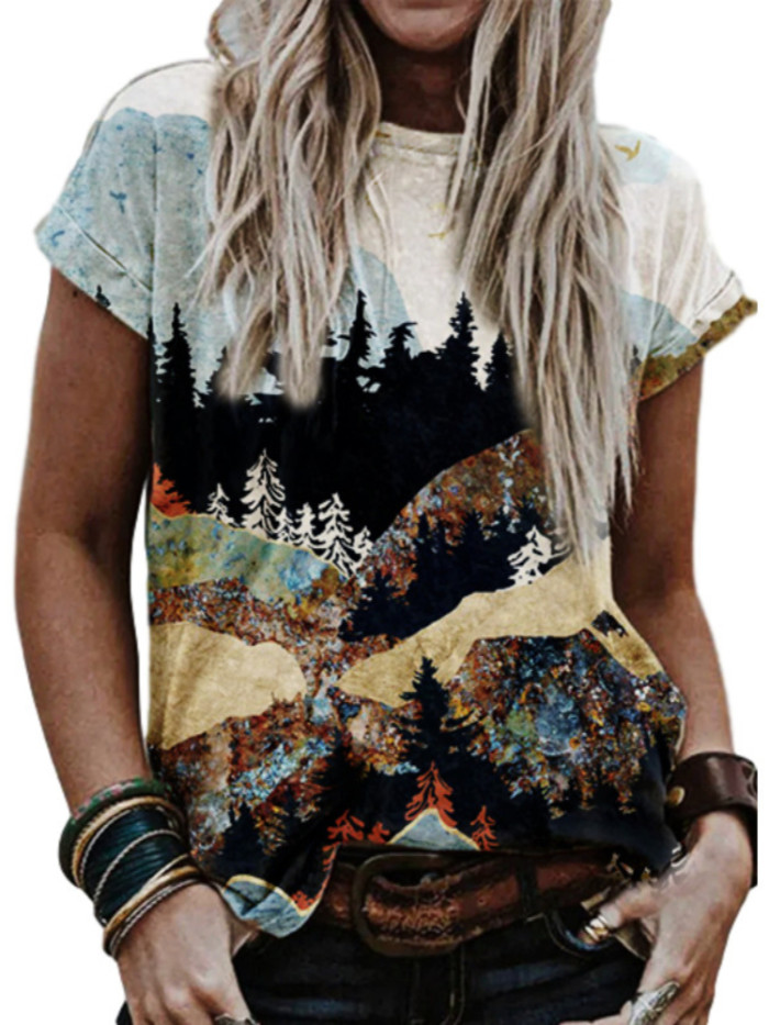 Women's Casual V Neck Floral Vintage Printed T-shirt