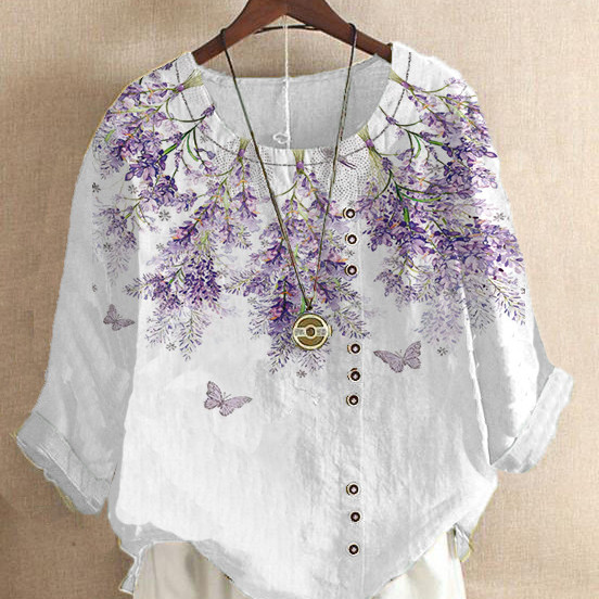 Linen Cotton Floral Print Elegant O-Neck Short Sleeve Casual Large Size Blouse