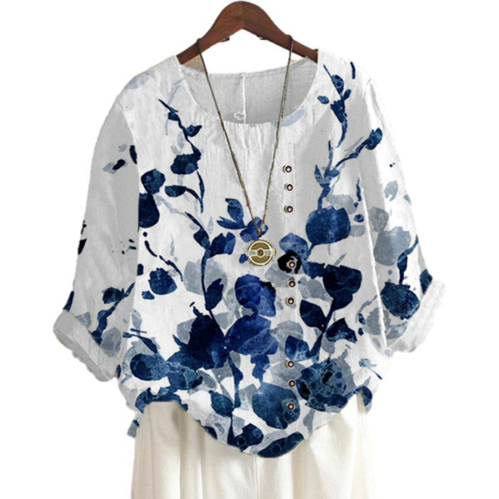 Linen Cotton Floral Print Elegant O-Neck Short Sleeve Casual Large Size Blouse