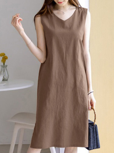 Casual Sleeveless V Neck Cotton Linen Vest Loose Chic and Elegant Dress