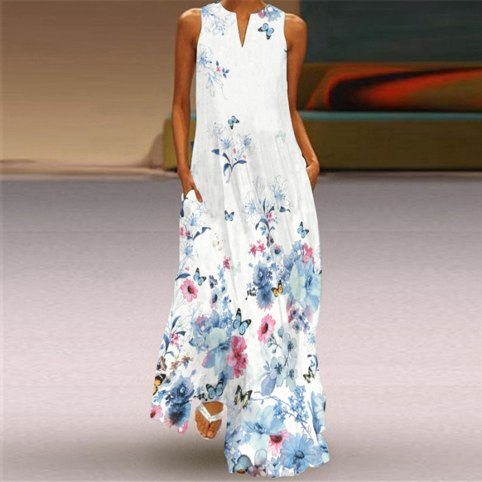 Women Large Plus Big Size Sleeveless Floral Print Casual Loose Vintage Elegant Maxi Dress