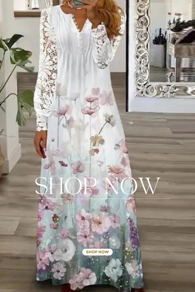 Vintage Print Fashion V Neck Lace Long Sleeve Loose Maxi Dress