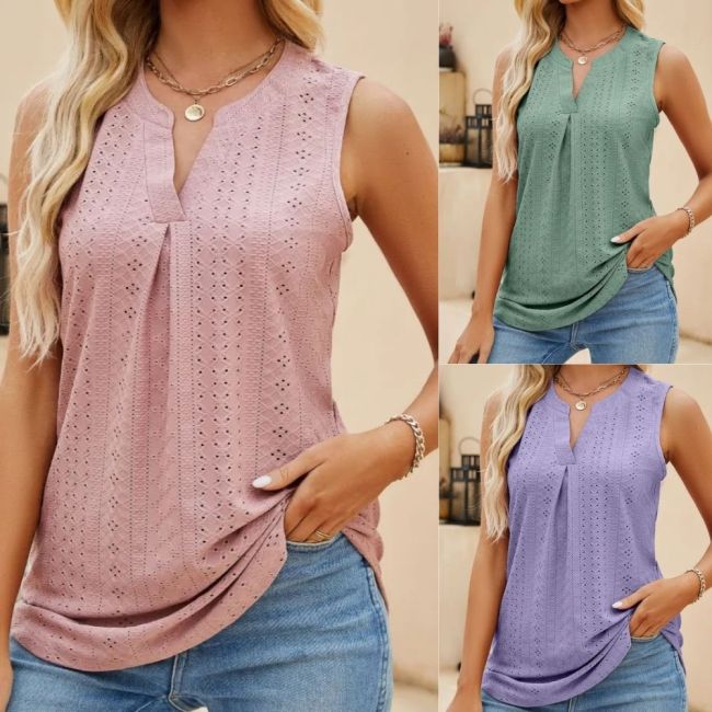 Mesh Tank Tops Sexy V-Neck Sleeveless Elegant Solid Loose Hollow Out Vests