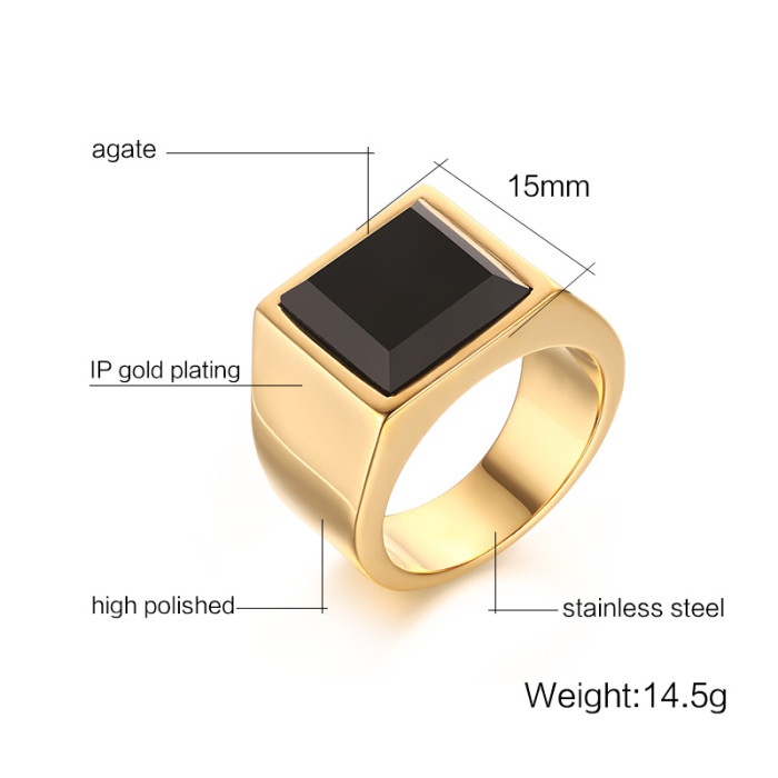 Wholesale Mens Black Agate Steel Gold Rings