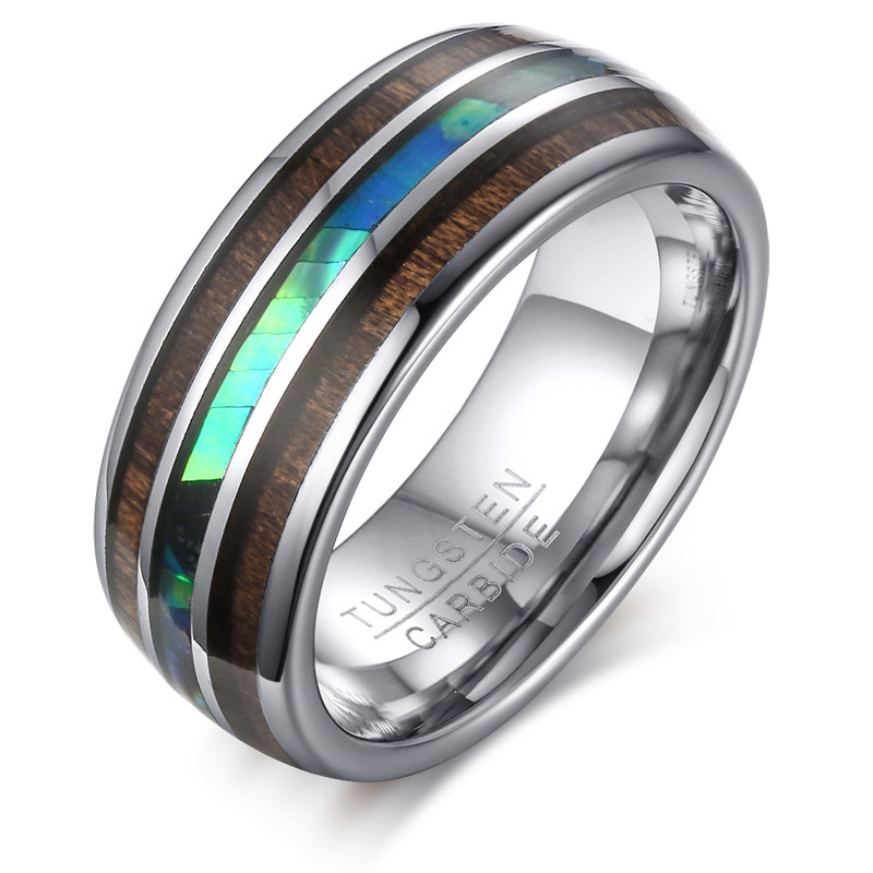 Wholesale Tungsten Carbide Hawaiian Koa Wood and Abalone Shell Ring 8mm