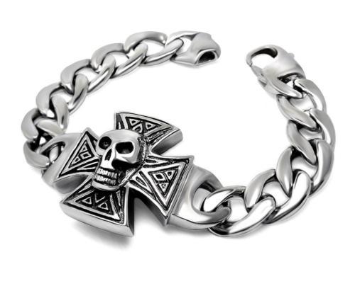 Stainless Steel Skull on Iron Cross Bracelet