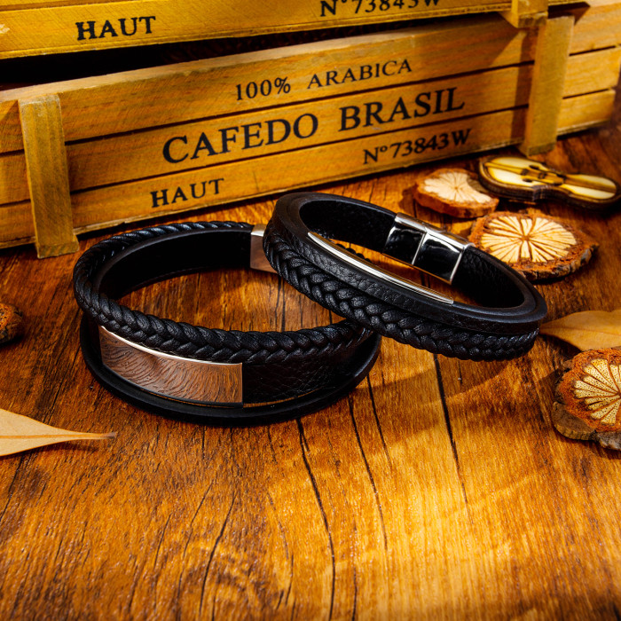 Wholesale Stainless Steel Men's Multi-Layer Retro Leather ID Bracelet